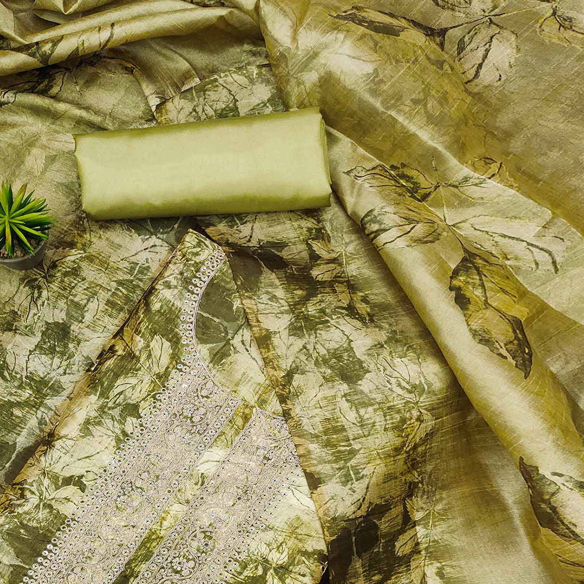 Green Printed Cotton Silk Dress Material