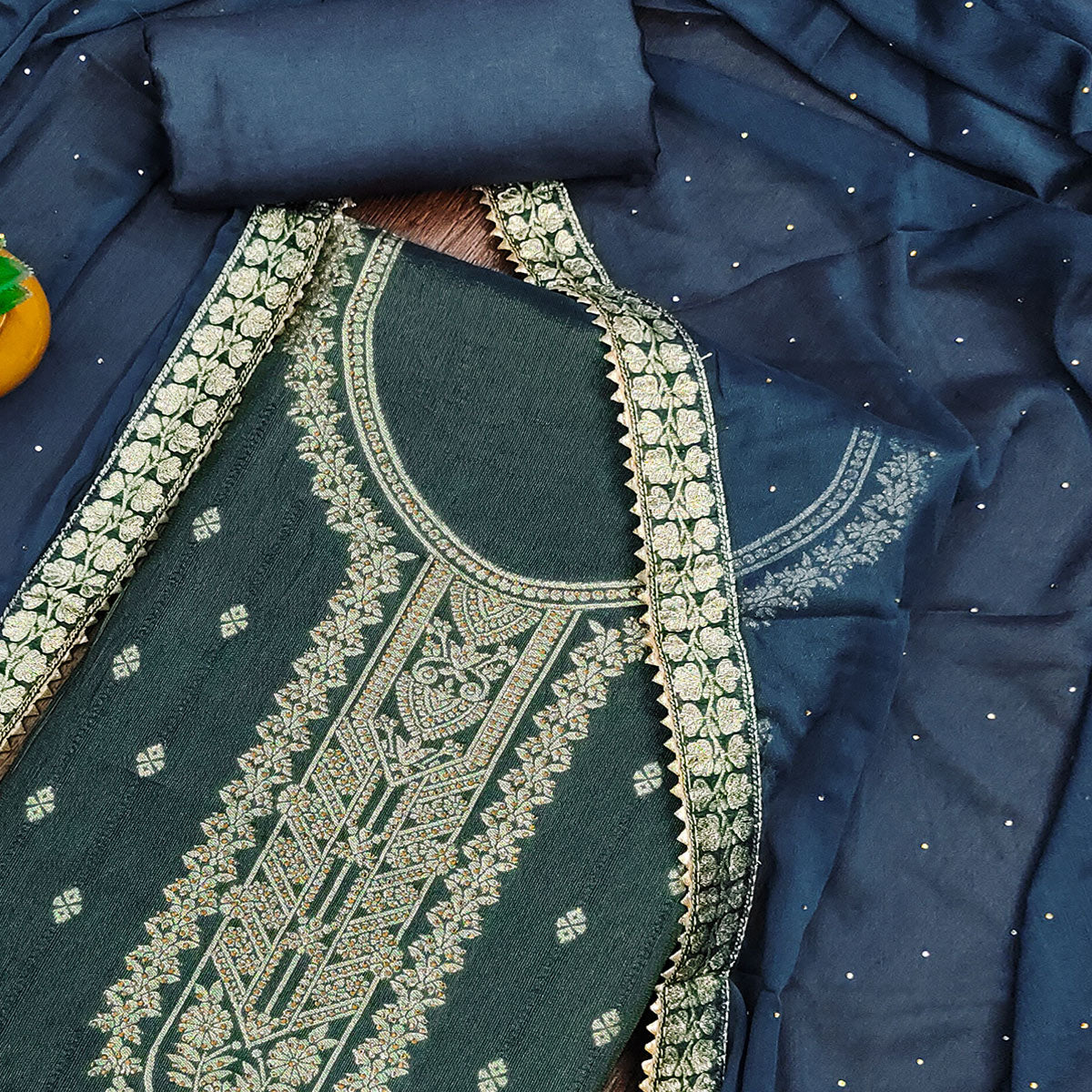 Blue Floral Woven Jacquard Dress Material