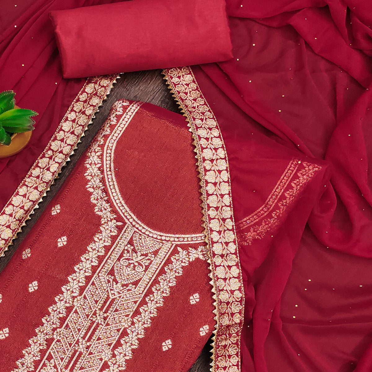 Red Floral Woven Jacquard Dress Material