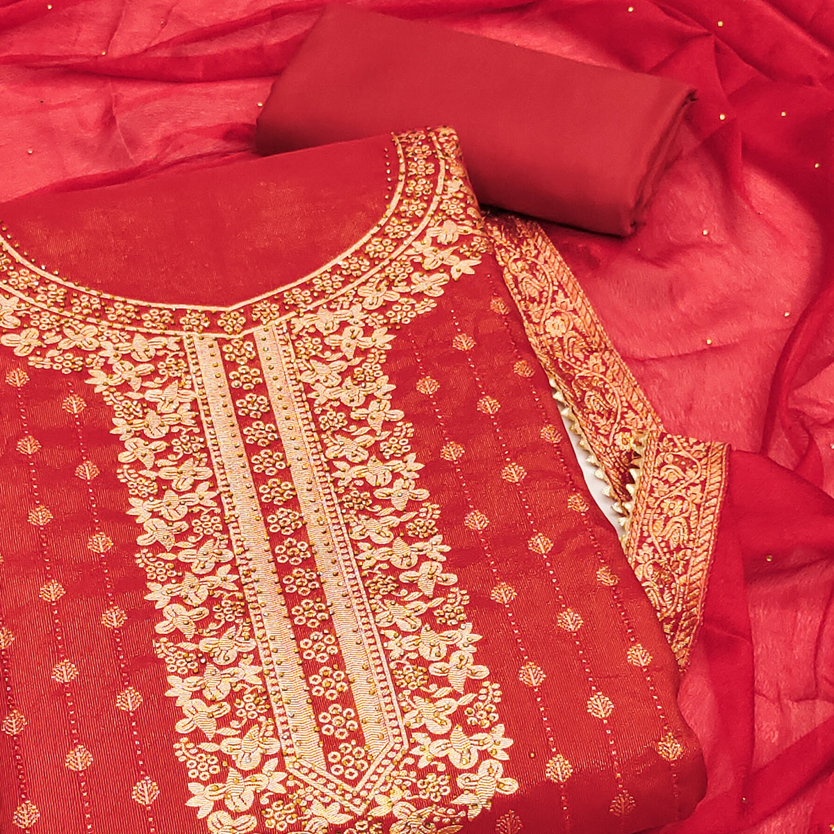 Red Woven Floral Jacquard Dress Material