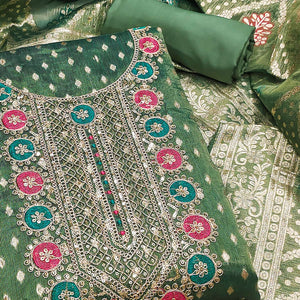 Green Woven With Sequins Work Jacquard Dress Material
