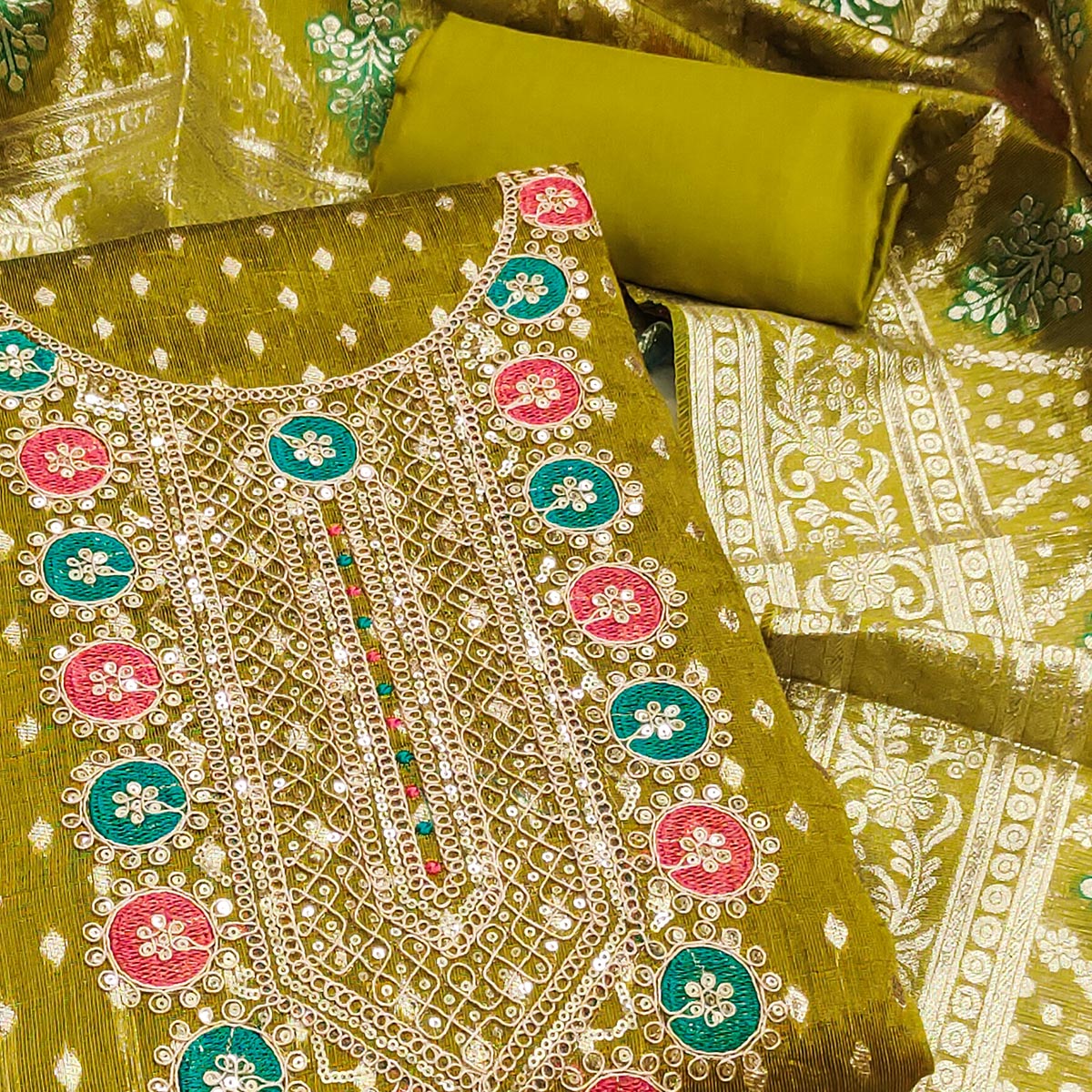 Mehendi Green Woven With Sequins Work Jacquard Dress Material