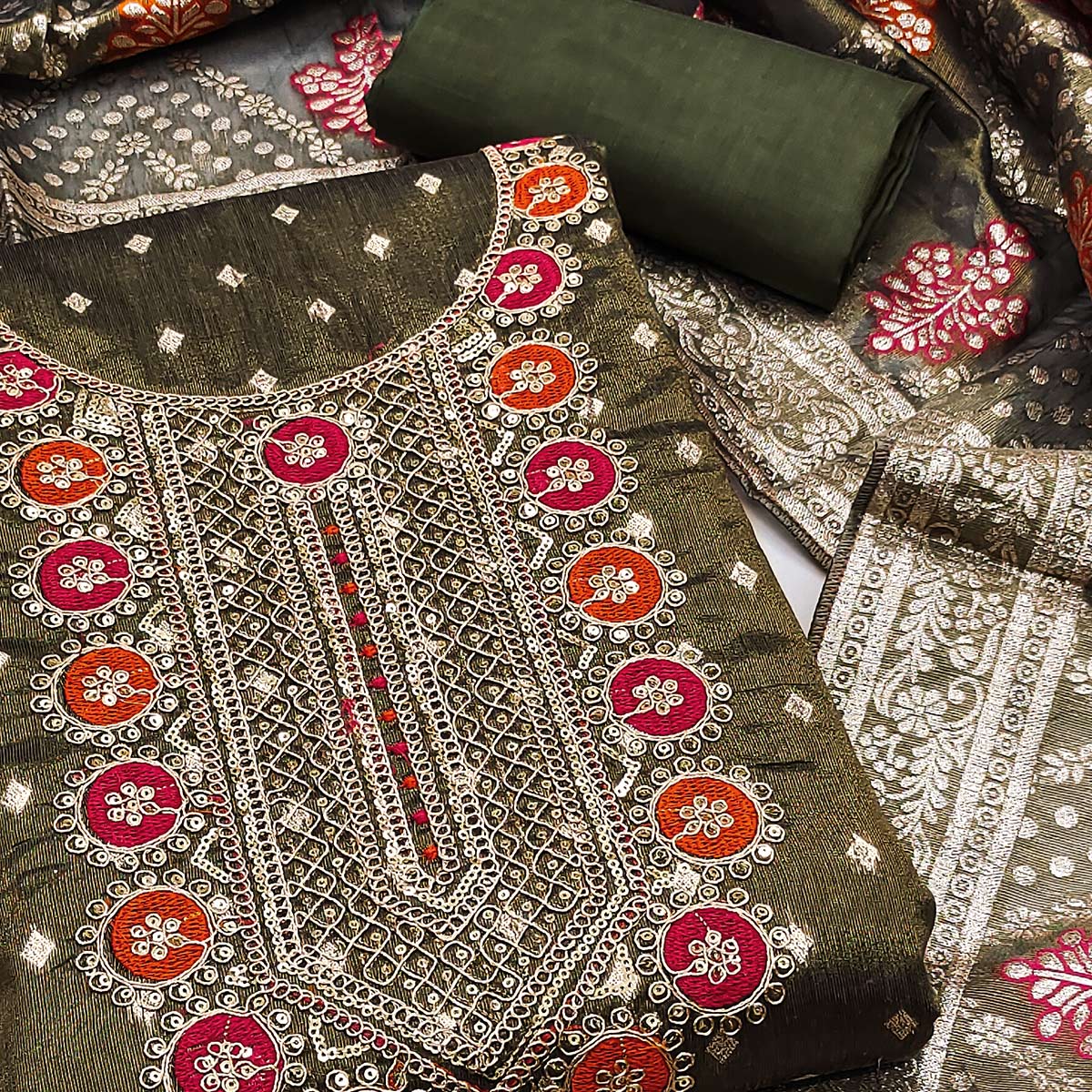 Mehendi Green Woven With Sequins Embroidered Simmer Cotton Silk Dress Material