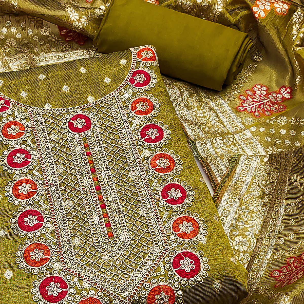 Olive Woven With Sequins Embroidered Simmer Cotton Silk Dress Material