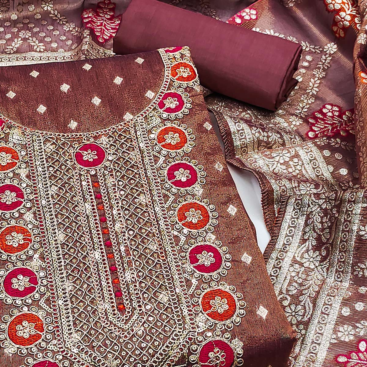 Wine Woven With Sequins Embroidered Simmer Cotton Silk Dress Material