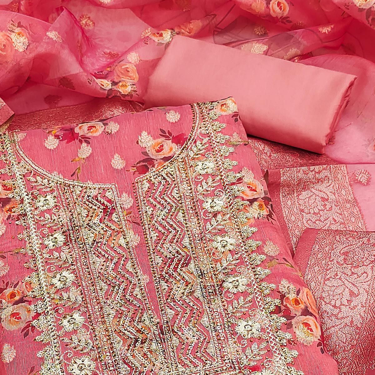 Gajri Pink Floral Print With Zari Woven Cotton Silk Dress Material