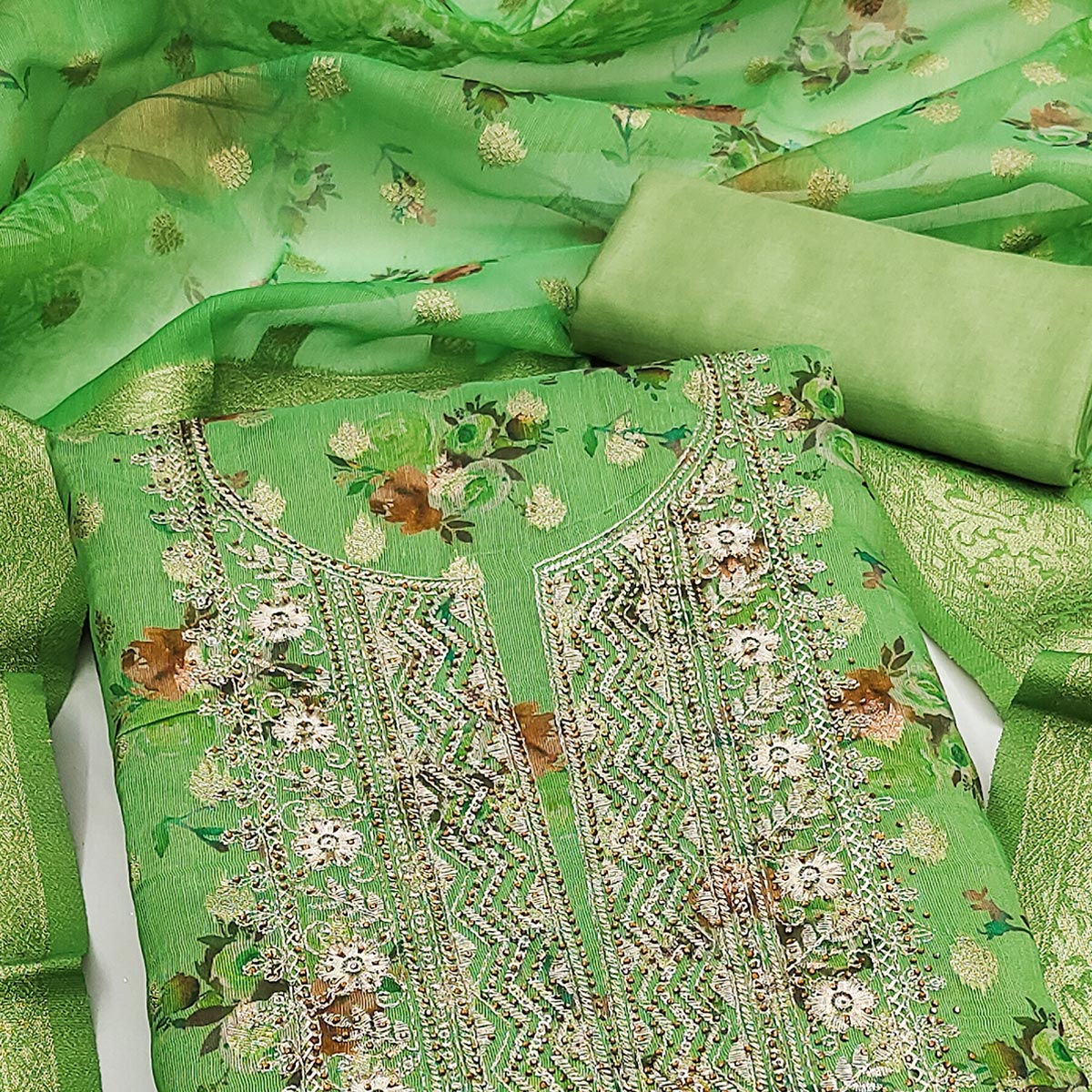 Green Floral Print With Zari Woven Cotton Silk Dress Material