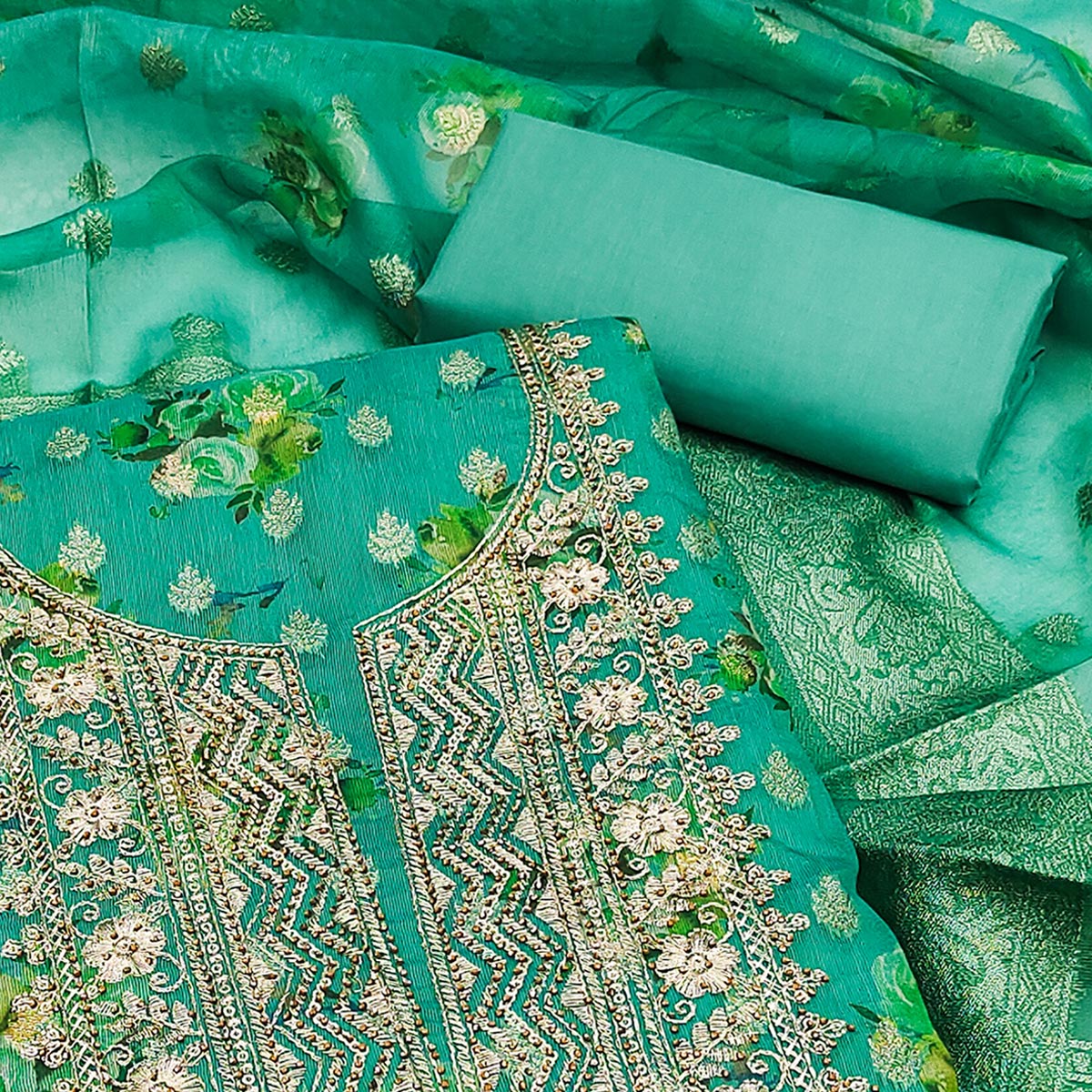 Rama Green Floral Print With Zari Woven Cotton Silk Dress Material