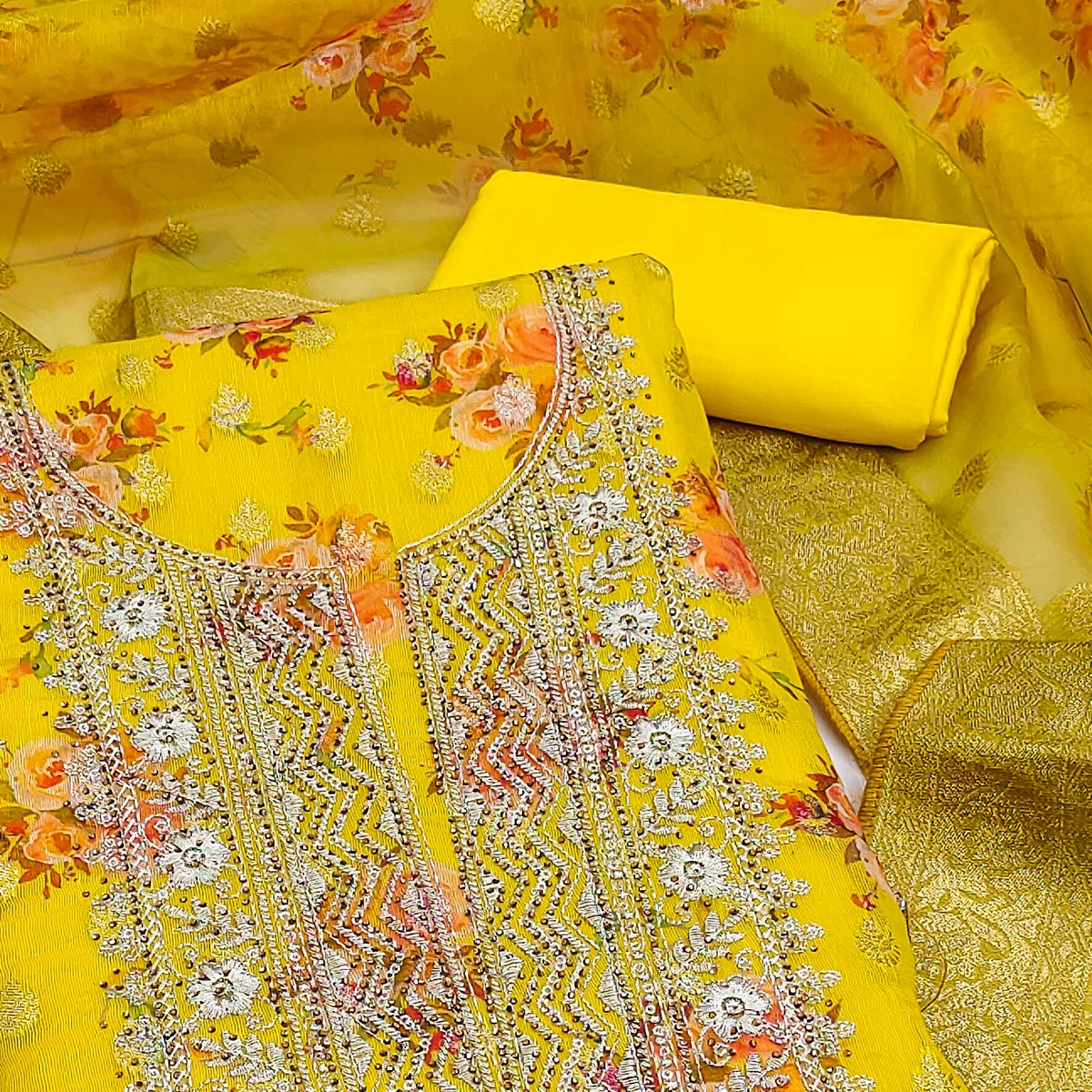 Yellow Floral Print With Zari Woven Cotton Silk Dress Material