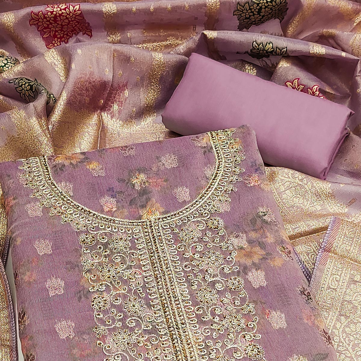 Mauve Floral Print With Zari Woven Cotton Silk Dress Material