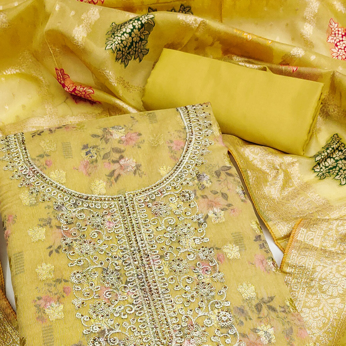 Mustard Floral Print With Zari Woven Cotton Silk Dress Material