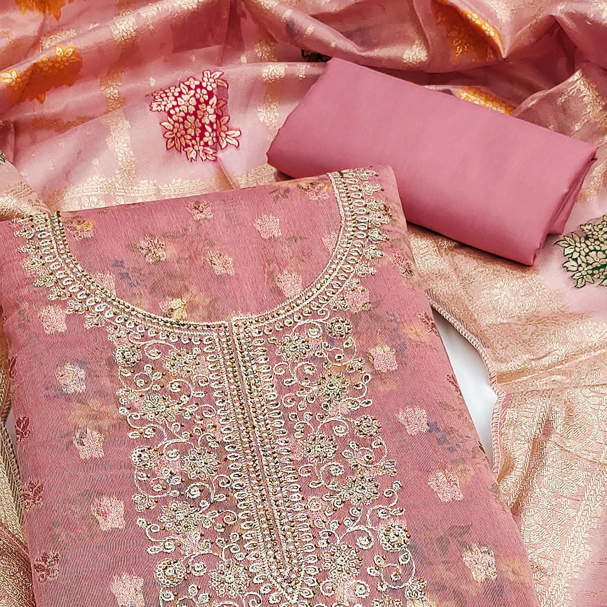 Pink Floral Print With Zari Woven Cotton Silk Dress Material