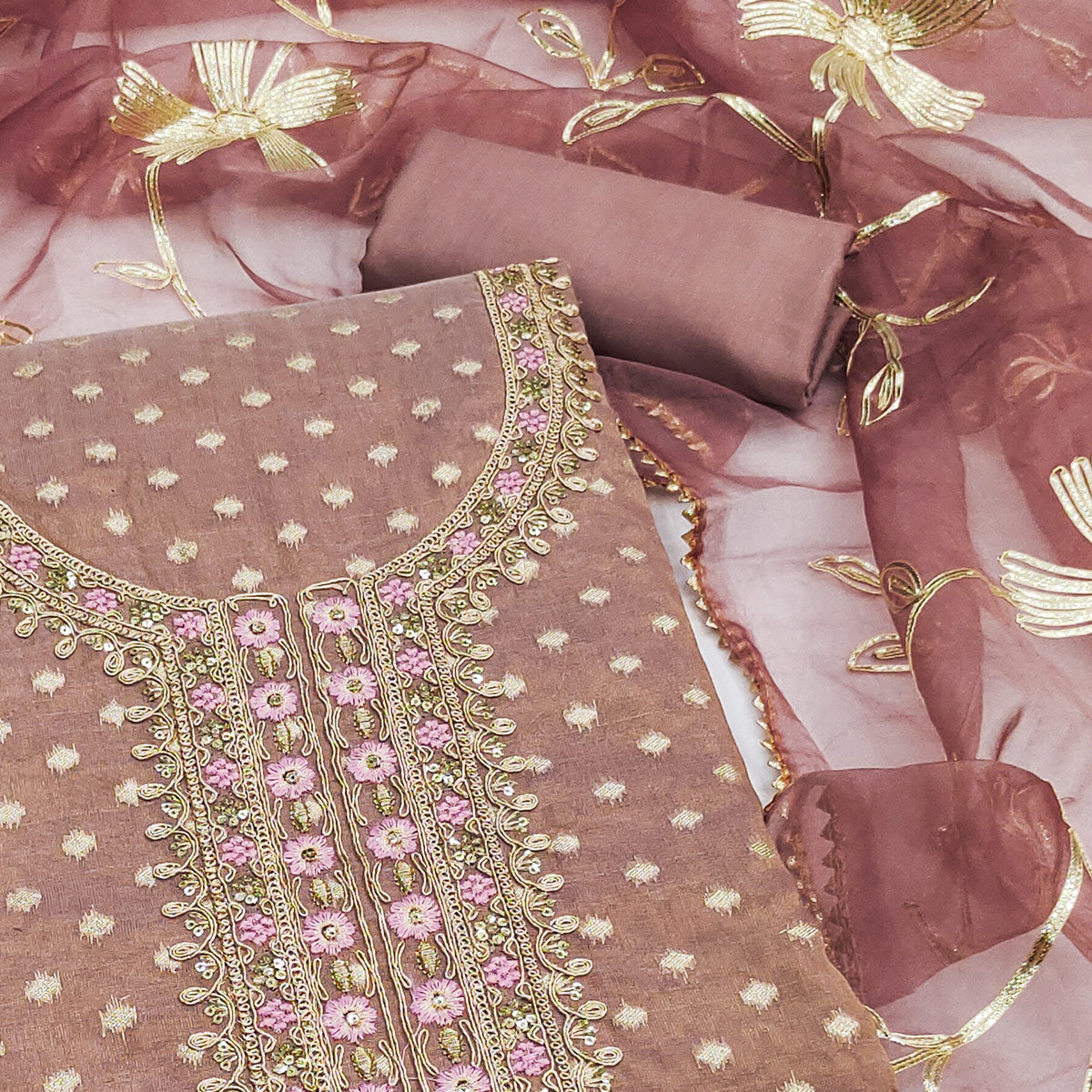 Brown Zari Motifs Woven Cotton Silk Dress Material