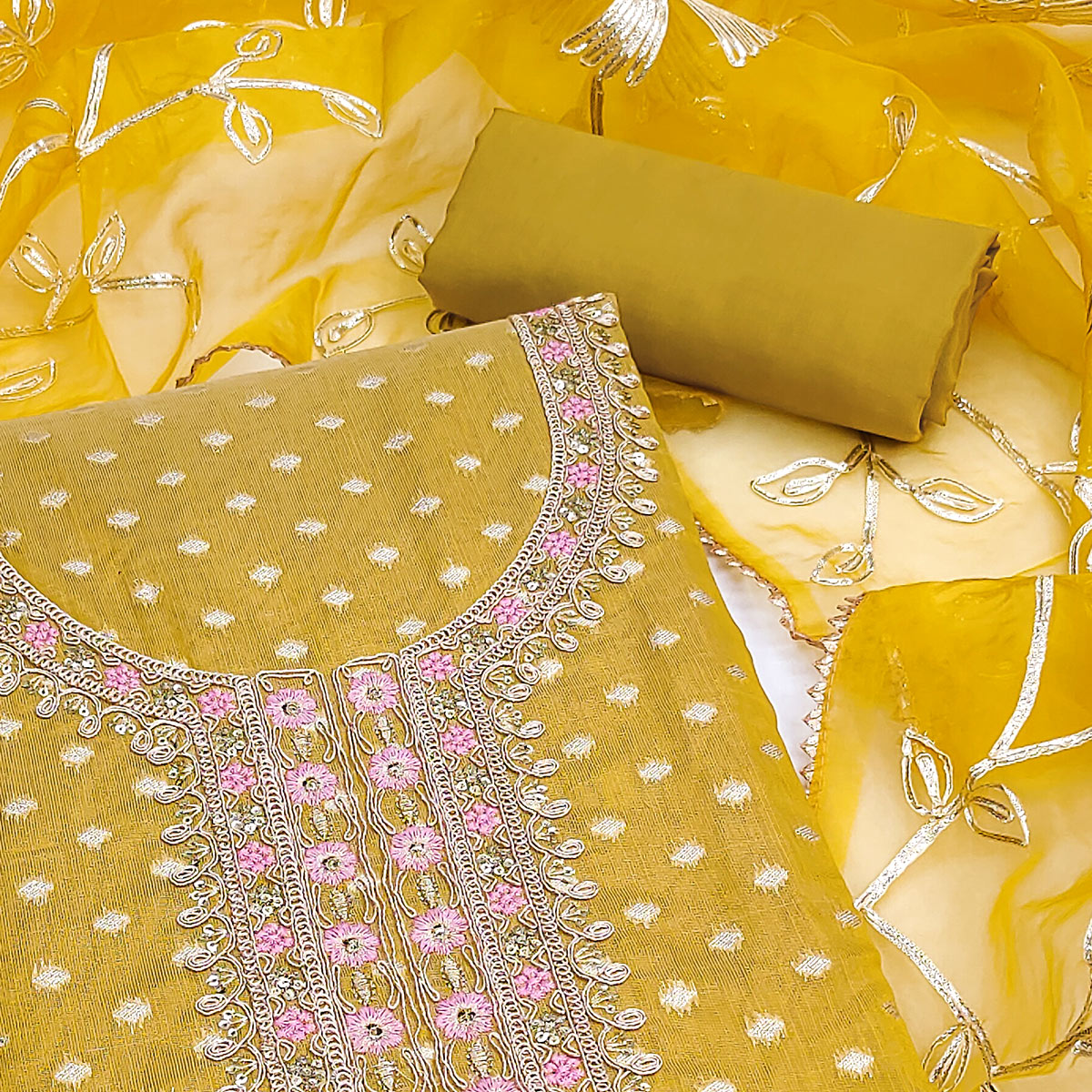 Mustard Zari Motifs Woven Cotton Silk Dress Material