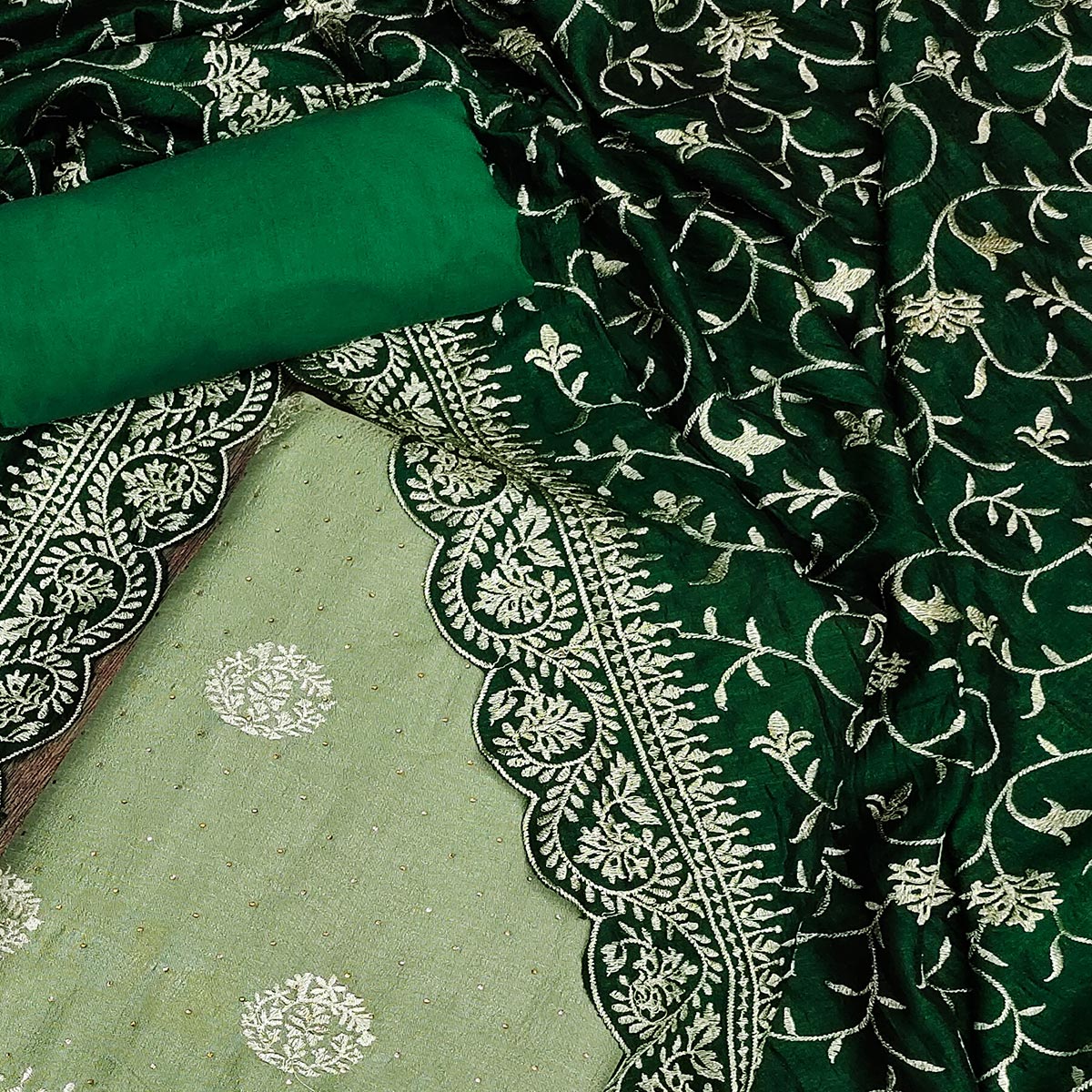 Green Floral Embroidered Chinon Dress Material