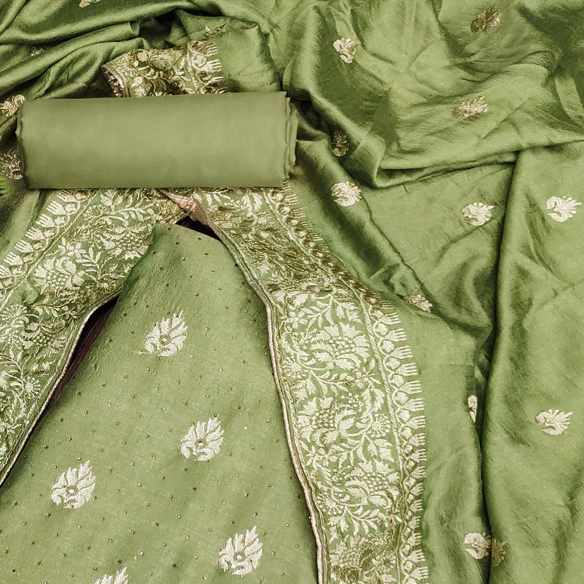 Green Floral Embroidered Chinon Dress Material