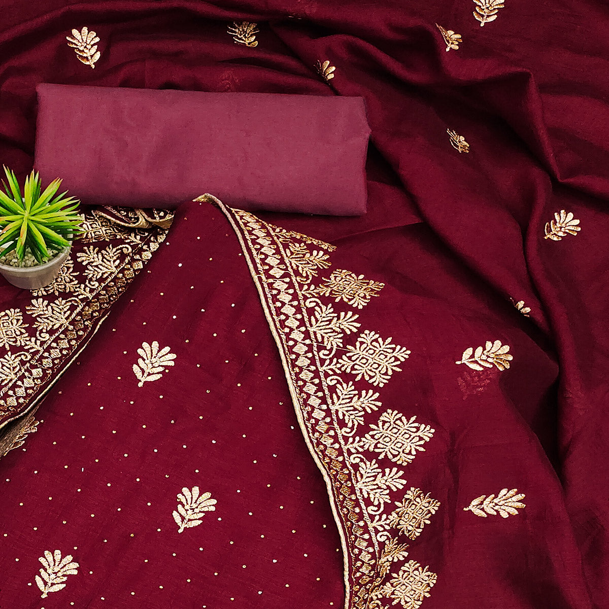 Maroon Floral Embroidered Chinon Dress Material