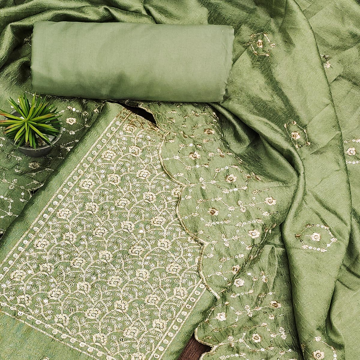 Green Sequins Embroidered Chinon Dress Material