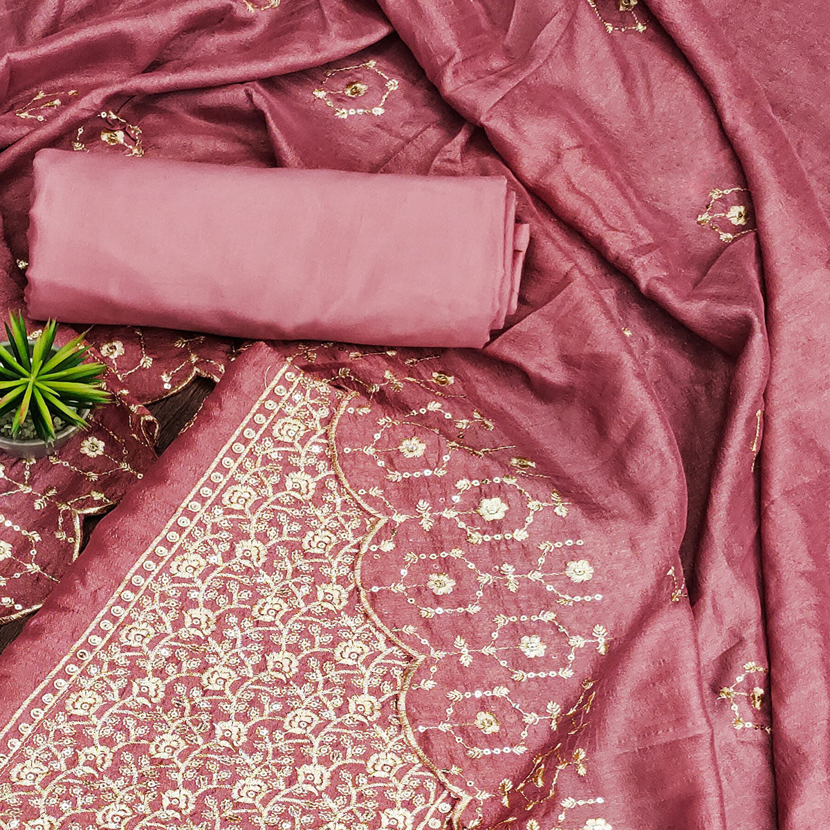 Pink Sequins Embroidered Chinon Dress Material