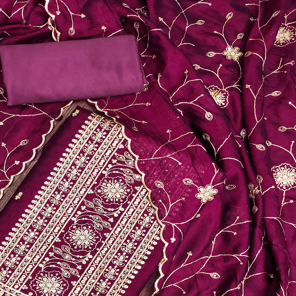 Wine Sequins Embroidered Chinon Dress Material