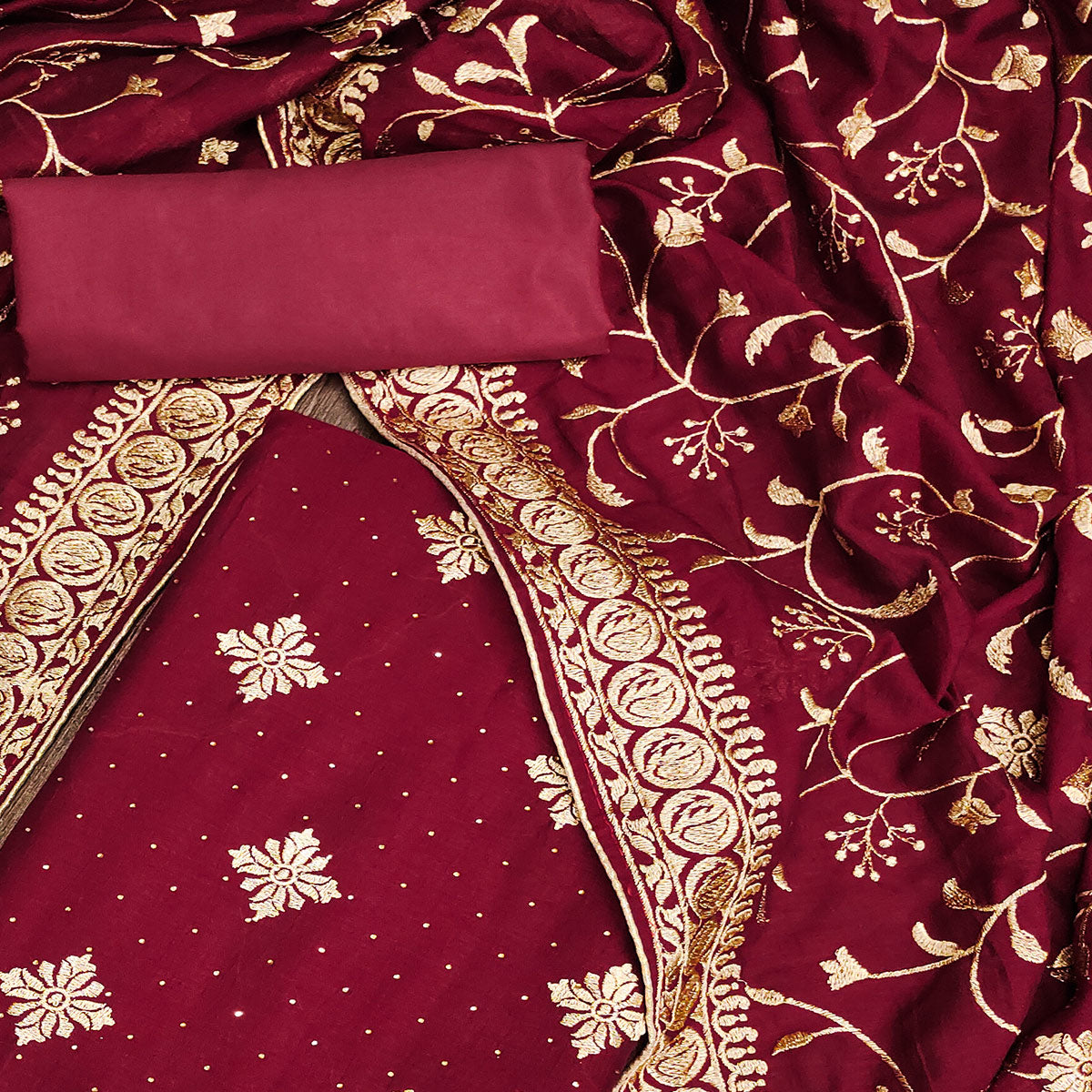 Maroon Floral Embroidered Chinon Dress Material