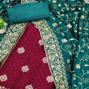 Maroon Floral Embroidered Chinon Dress Material