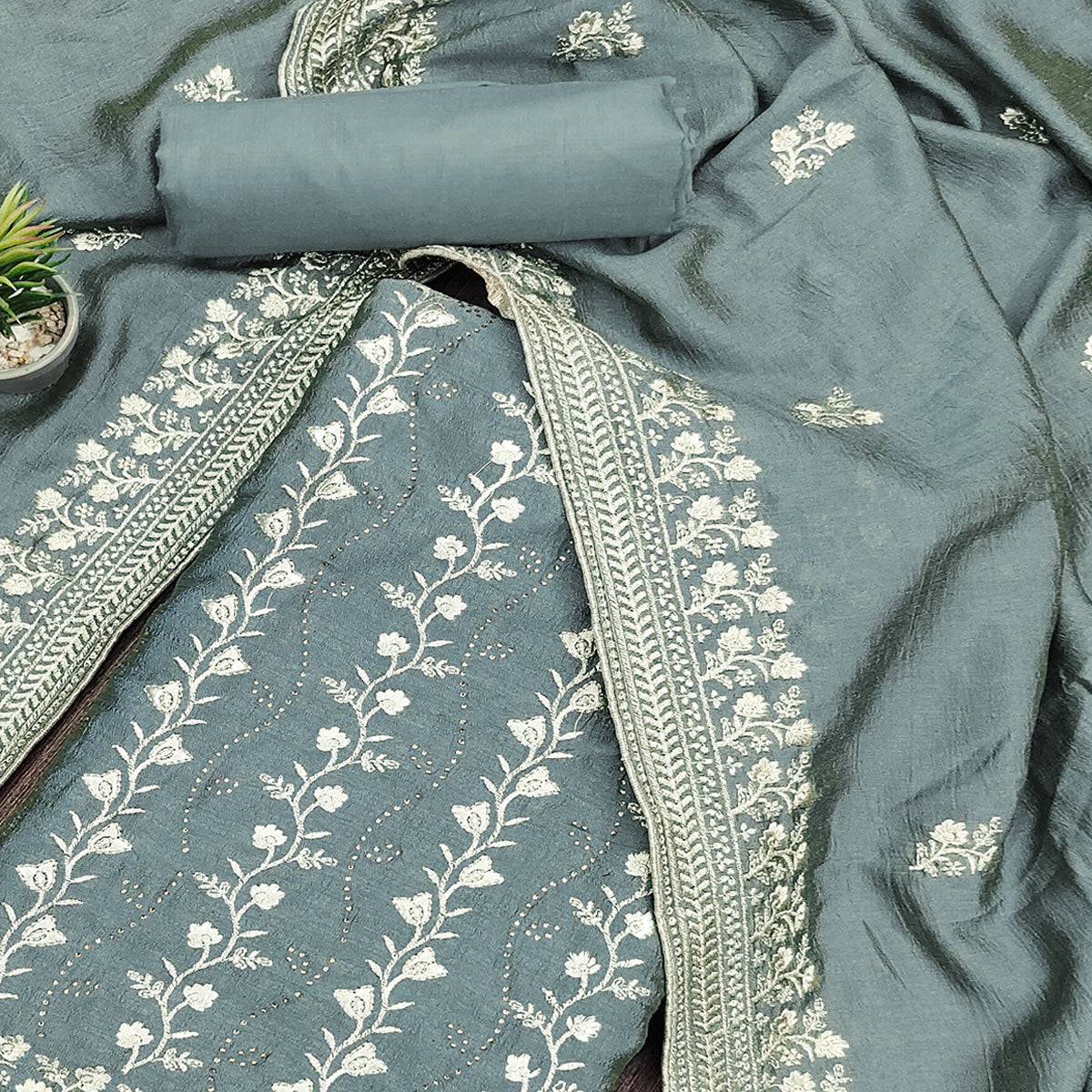 Grey Floral Embroidered Chinon Dress Material
