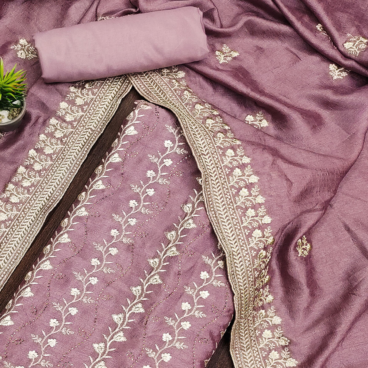 Mauve Floral Embroidered Chinon Dress Material