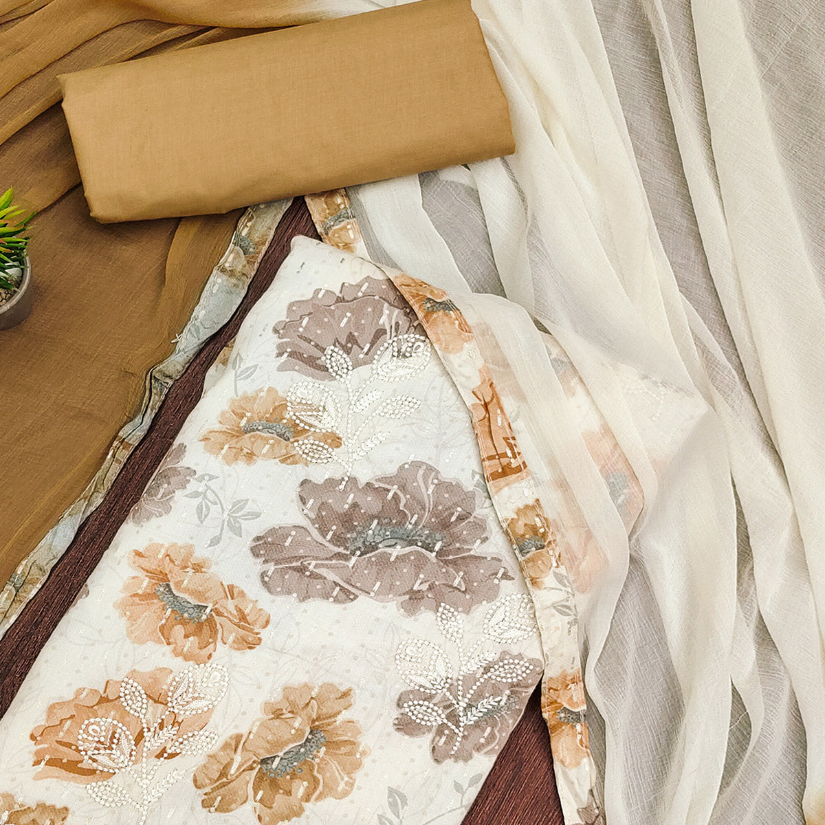 Off White & Beige Printed With Embroidered Pure Cotton Dress Material