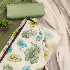 Off White & Green Printed With Embroidered Pure Cotton Dress Material