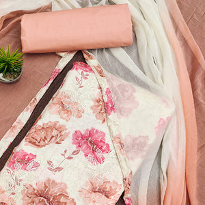 Off White & Peach Printed With Embroidered Pure Cotton Dress Material
