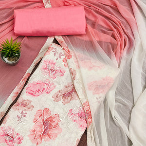 Off White & Pink Printed With Embroidered Pure Cotton Dress Material