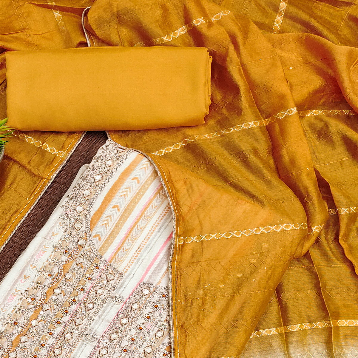 Off White & Mustard Printed Pure Cotton Dress Material