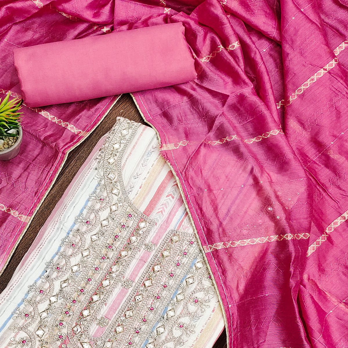 Off White & Pink Printed Pure Cotton Dress Material