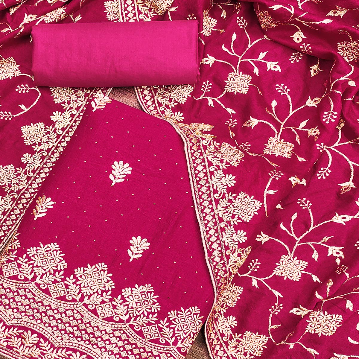 Pink Embroidered Chinon Dress Material