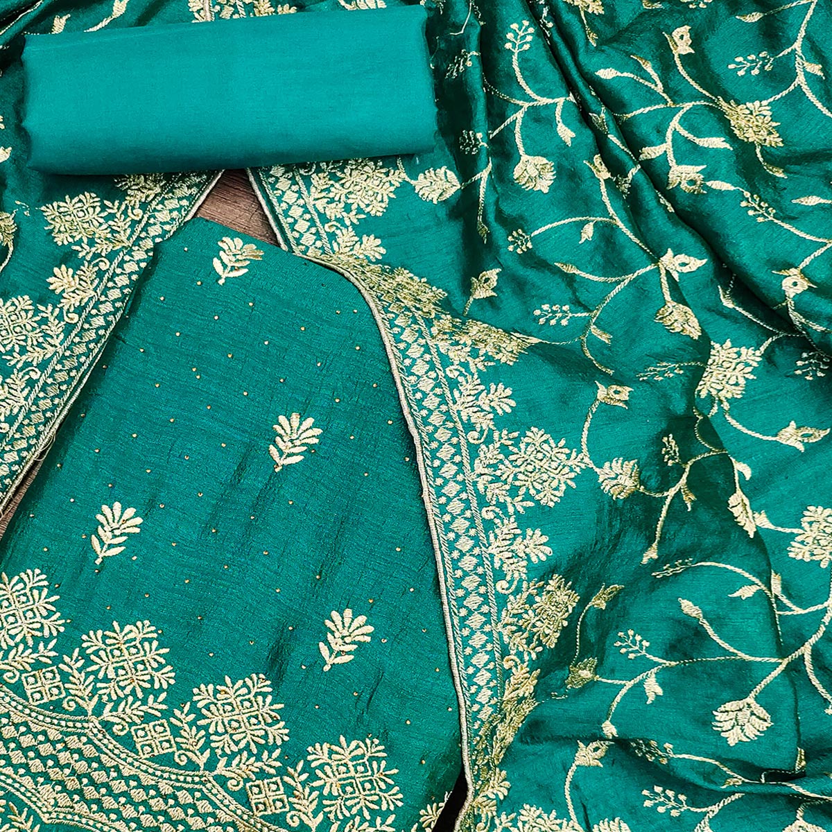 Rama Green Embroidered Chinon Dress Material