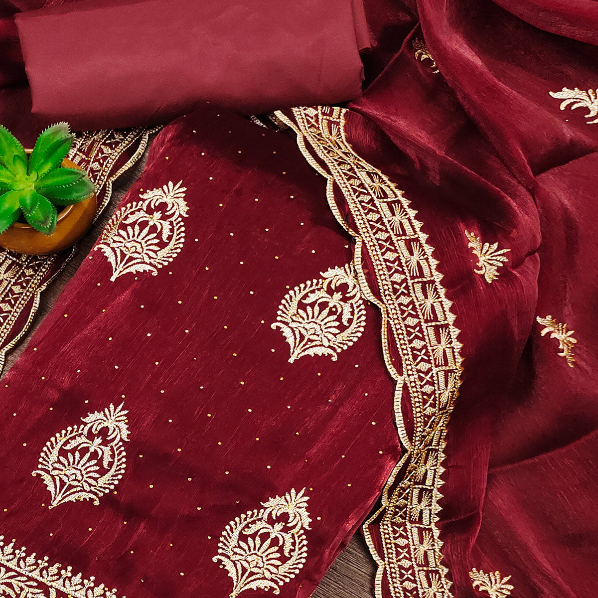 Maroon Floral Embroidery With Stonework Mulberry Silk Dress Material