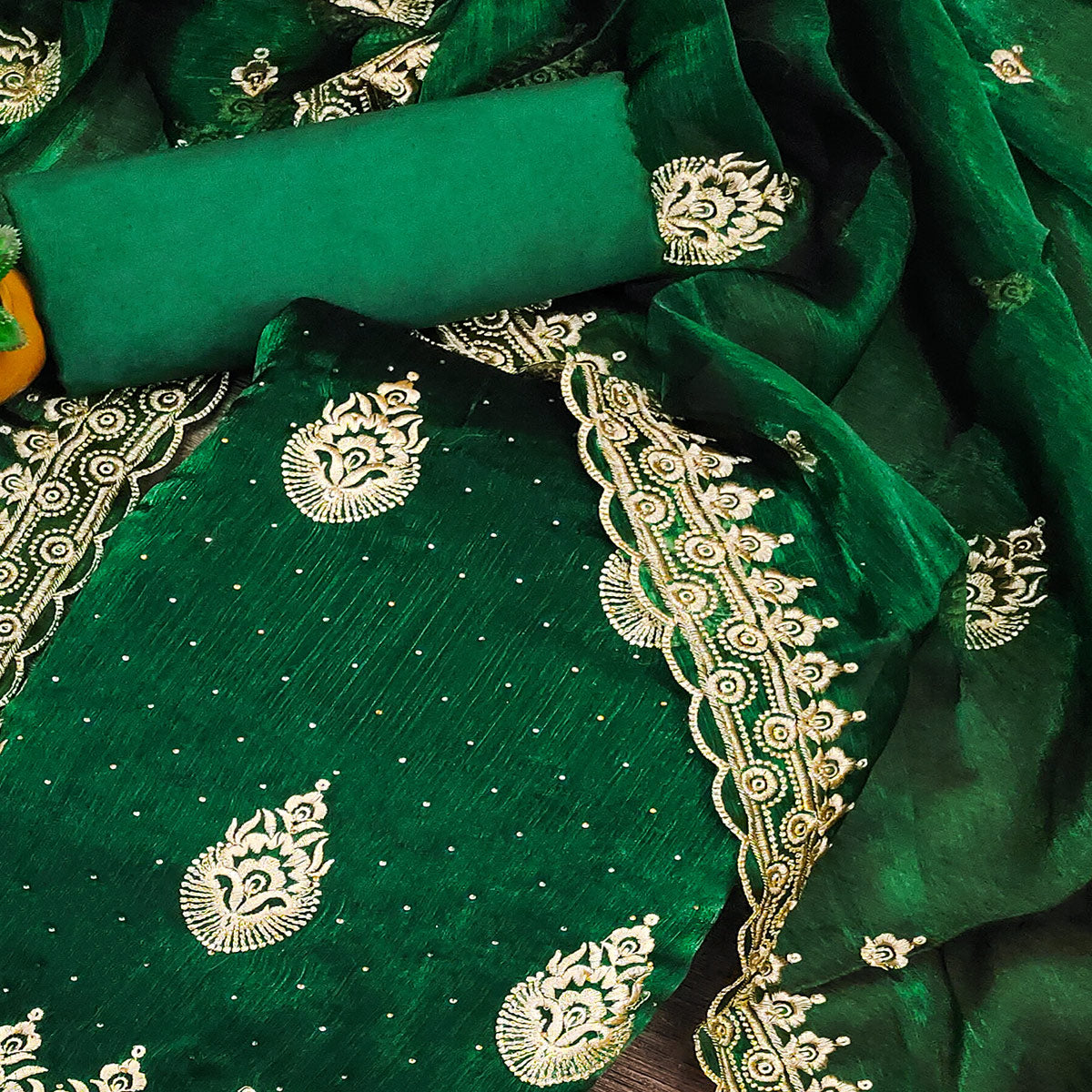 Green Embroidery With Stonework Mulberry Dress Material