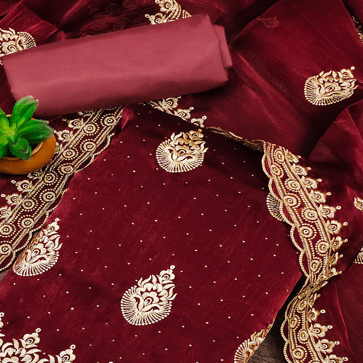 Maroon Embroidery With Stonework Mulberry Dress Material