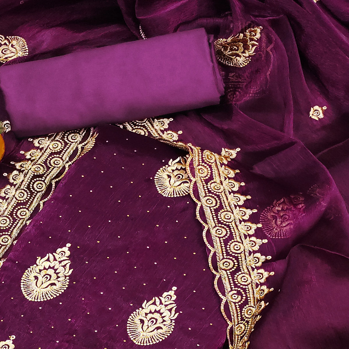 Purple Embroidery With Stonework Mulberry Dress Material