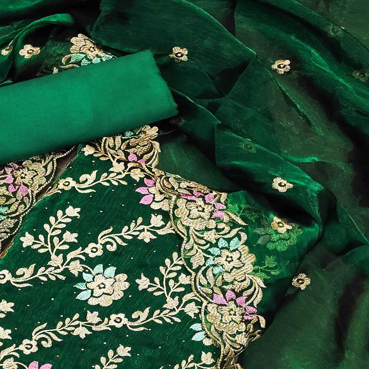 Green Floral Embroidery With Stonework Mulberry Silk Dress Material