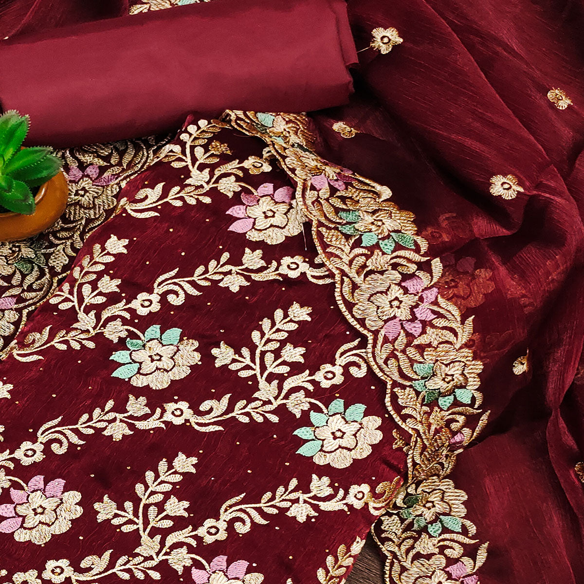 Maroon Floral Embroidery With Stonework Mulberry Silk Dress Material