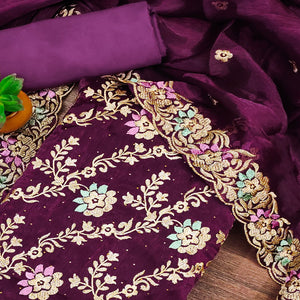 Purple Floral Embroidery With Stonework Mulberry Silk Dress Material
