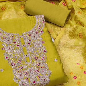 Green Floral Sequins Embroidered Roman Cotton Silk Dress Material