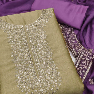 Beige Floral Sequins Embroidered Vichitra Silk Dress Material