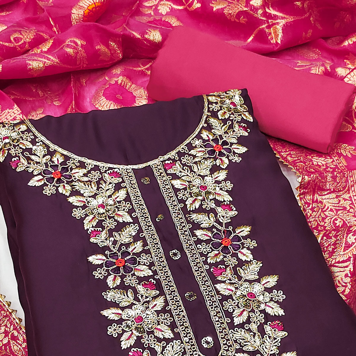 Wine Floral Sequins Embroidered Cotton Roman Silk Dress Material