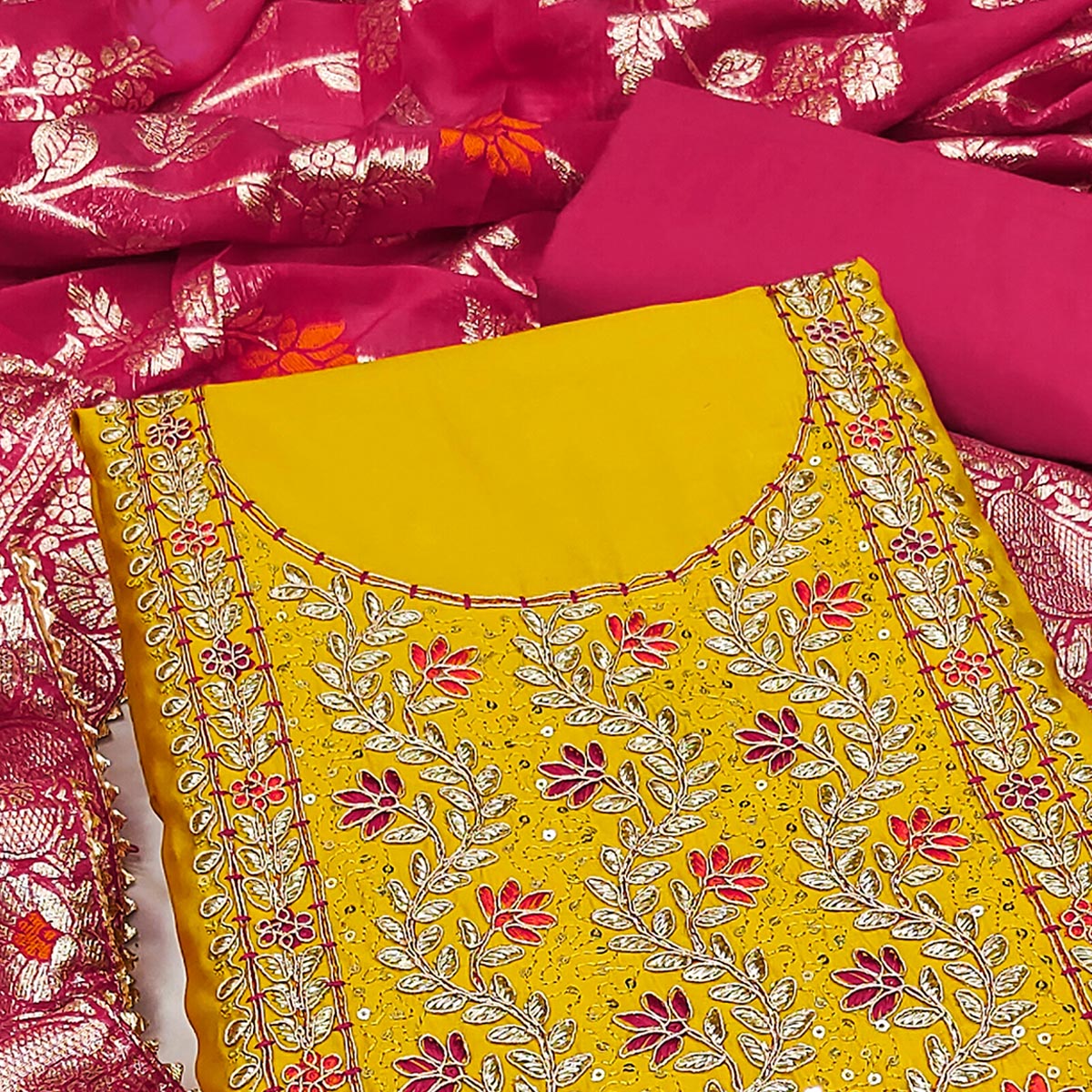 Mustard Floral Sequins Embroidered Cotton Roman Silk Dress Material