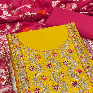Mustard Floral Sequins Embroidered Cotton Roman Silk Dress Material