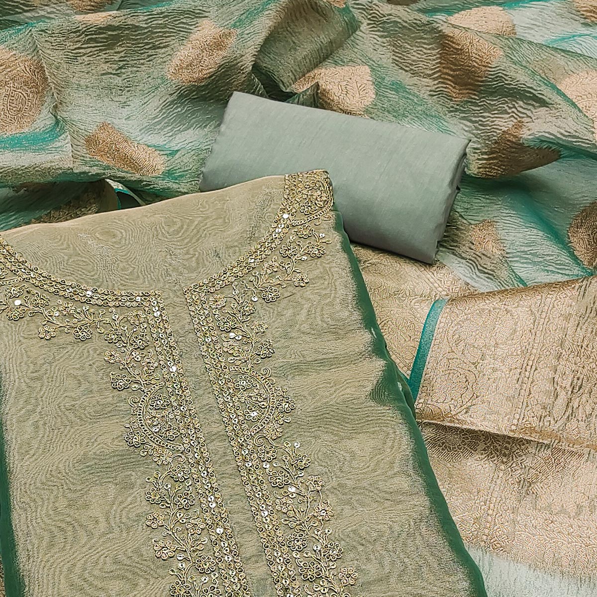 Rama Green Woven With Embroidered Banarasi Silk Shimmer Crush Dress Material