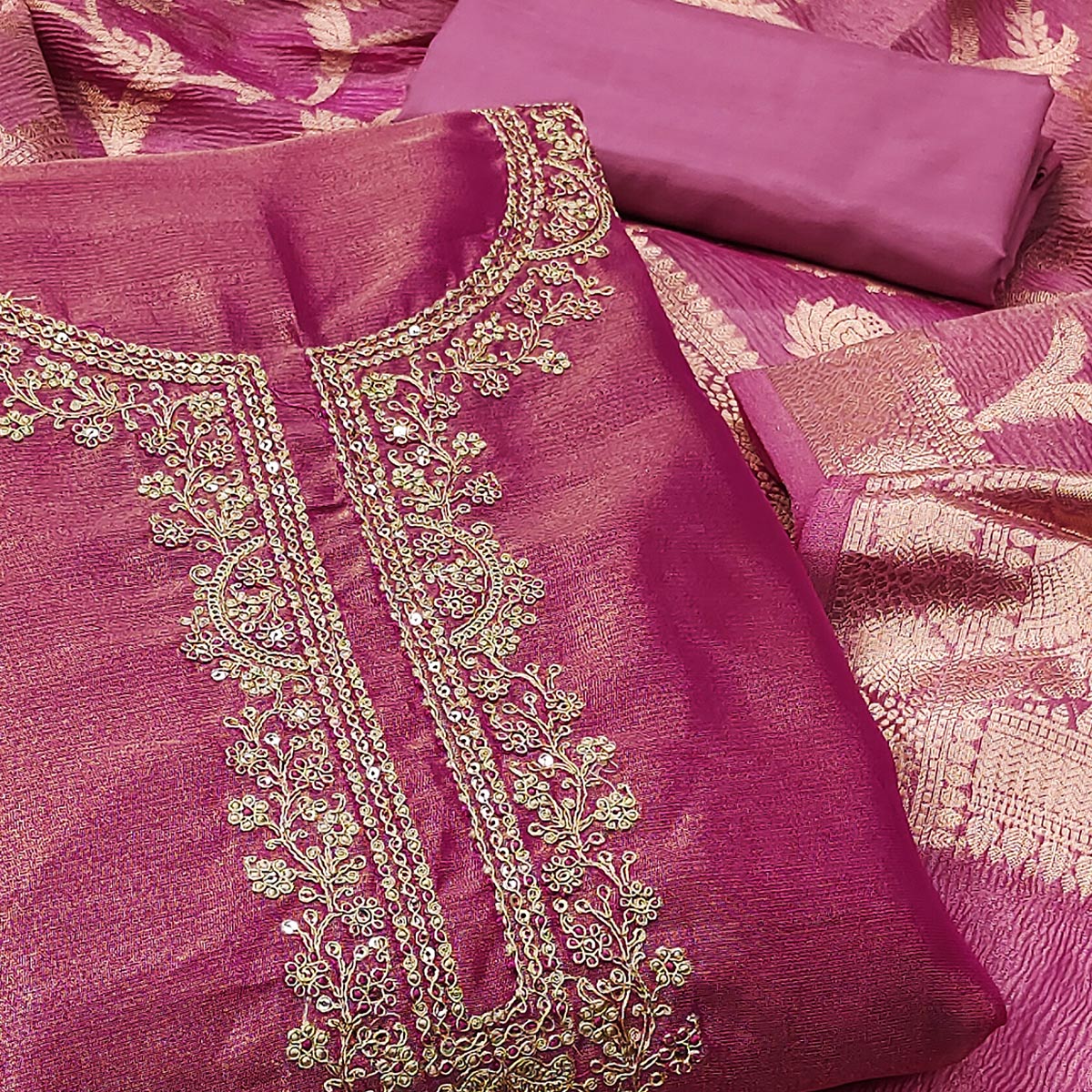 Magenta Woven With Embroidered Banarasi Silk Shimmer Crush Dress Material